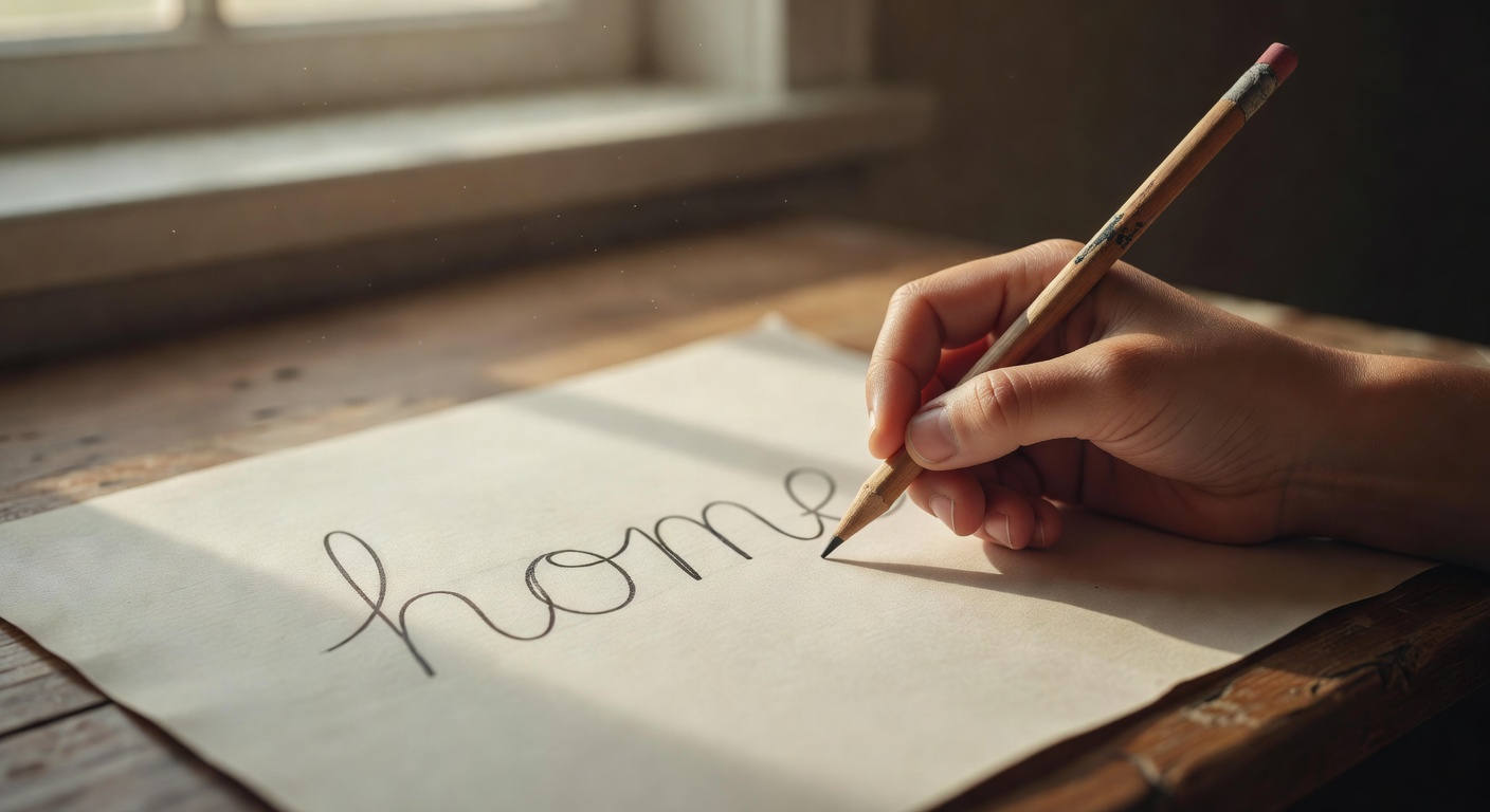 A child's hand carefully forming letters on paper in warm golden light