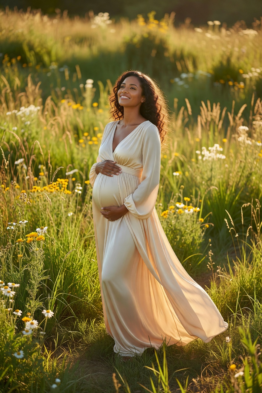 Pregnant woman in golden meadow, empowered and glowing