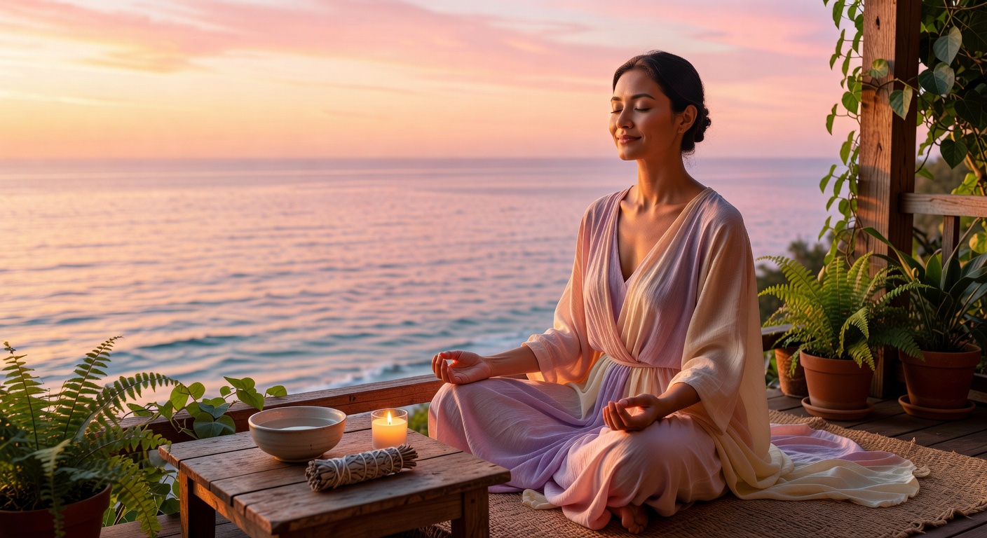 Woman meditating at sunrise overlooking ocean