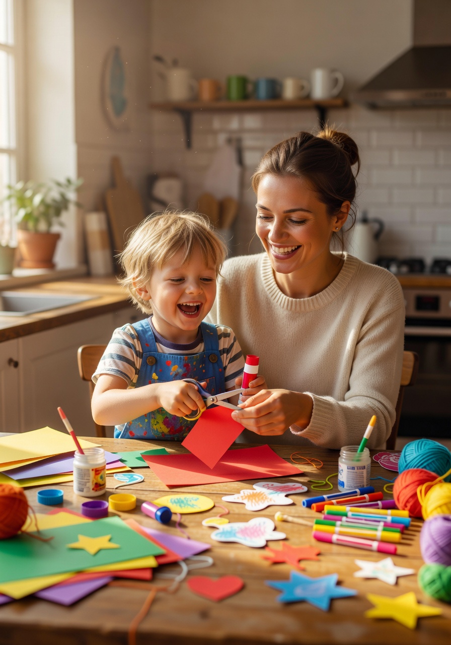Mother and child crafting together