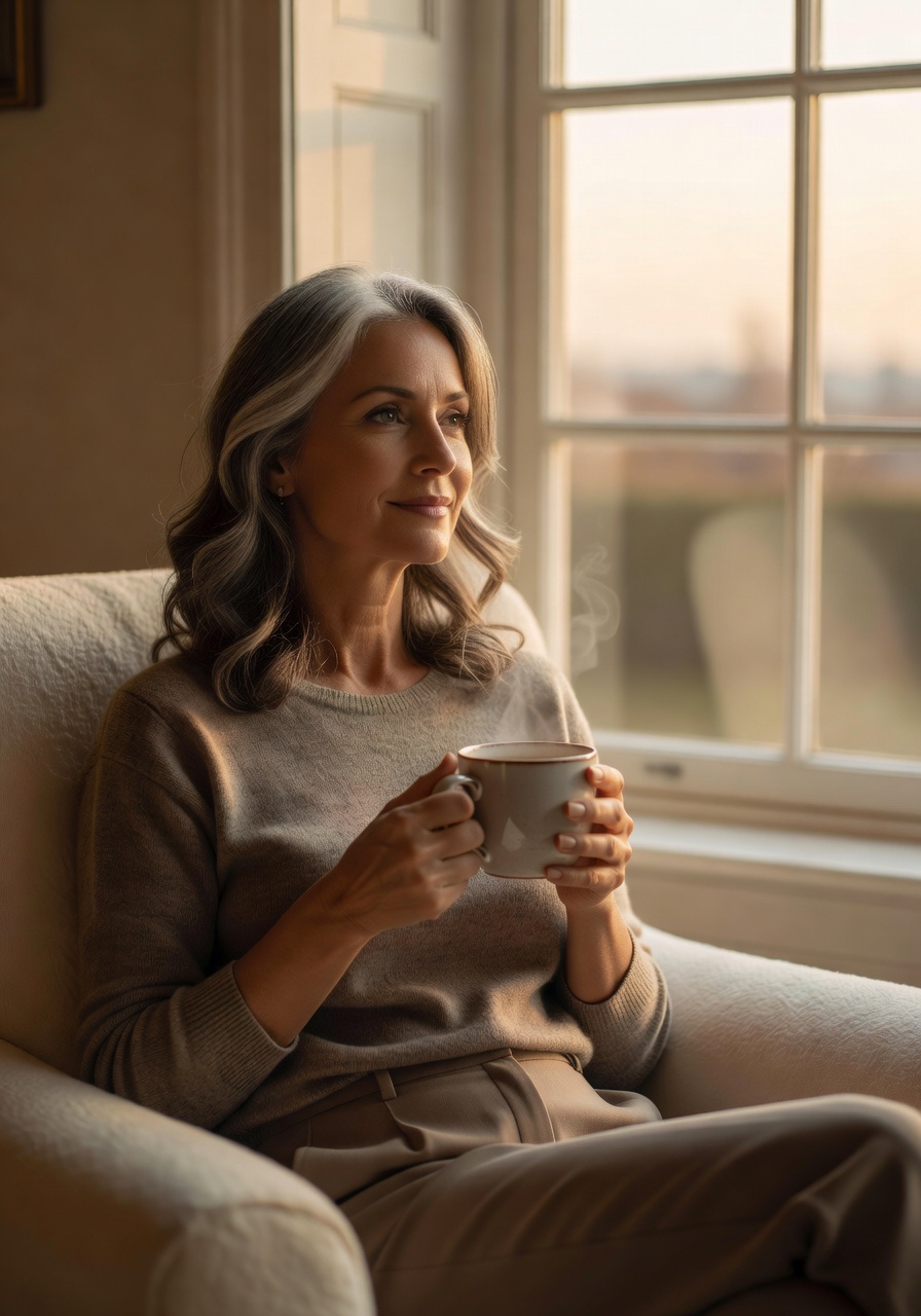 Woman by window in morning light