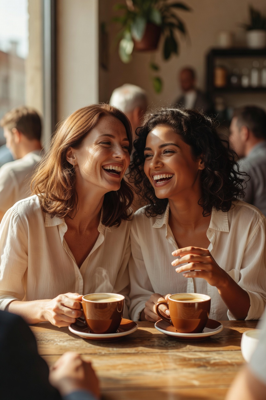 Two women friends laughing over coffee
