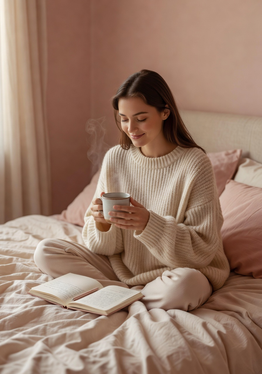 Woman journaling with herbal tea
