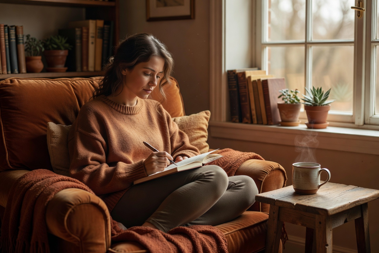 Woman journaling with herbal tea
