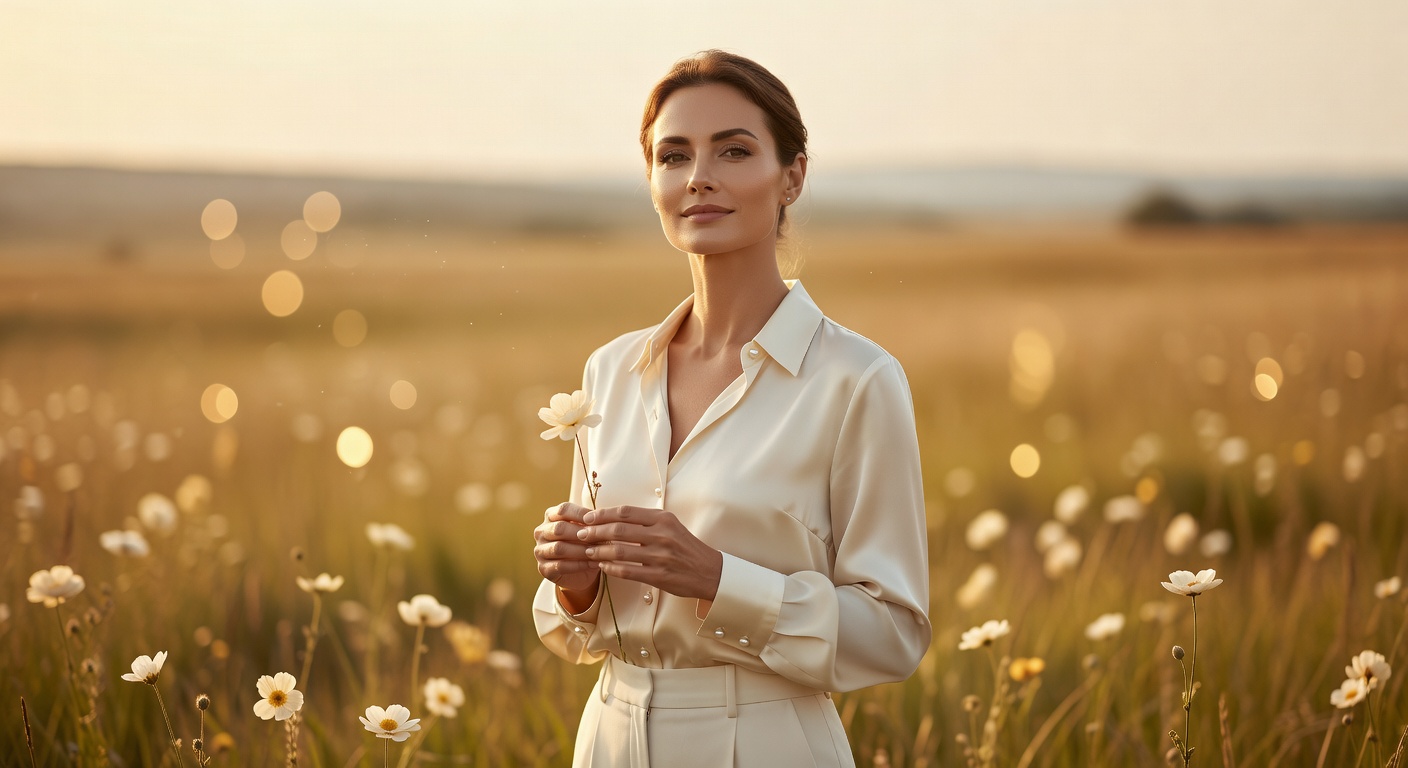 Confident woman in her mid-30s holding a delicate flower