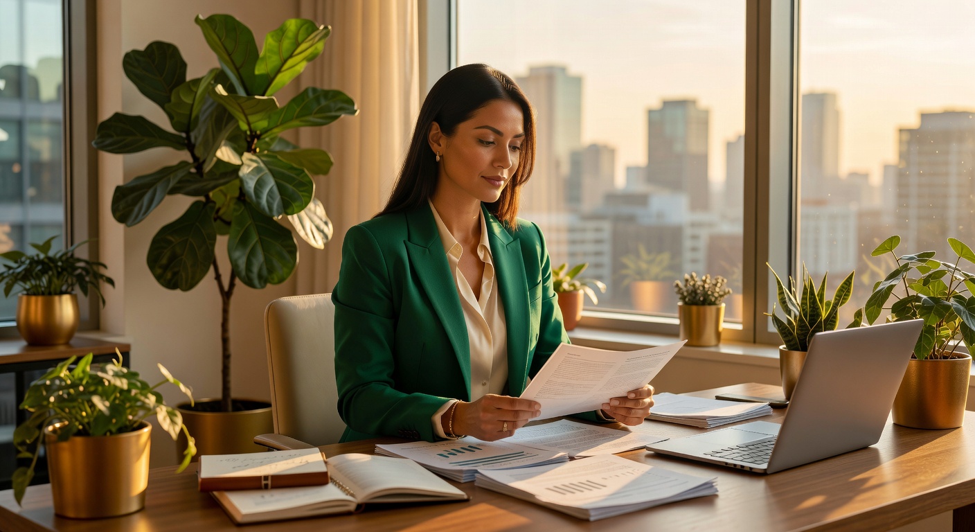 Confident woman at sunlit desk reviewing financial documents