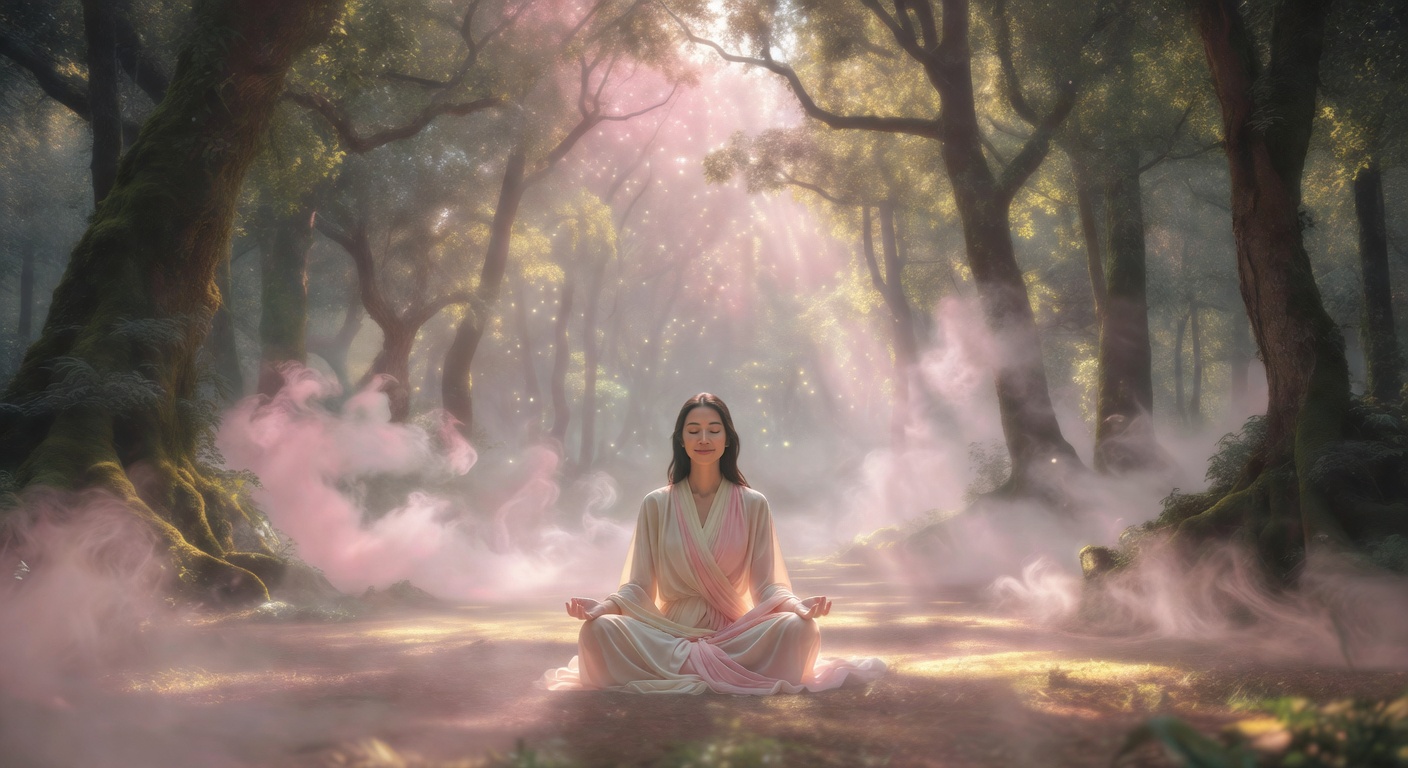 Woman in peaceful meditation in a misty forest clearing