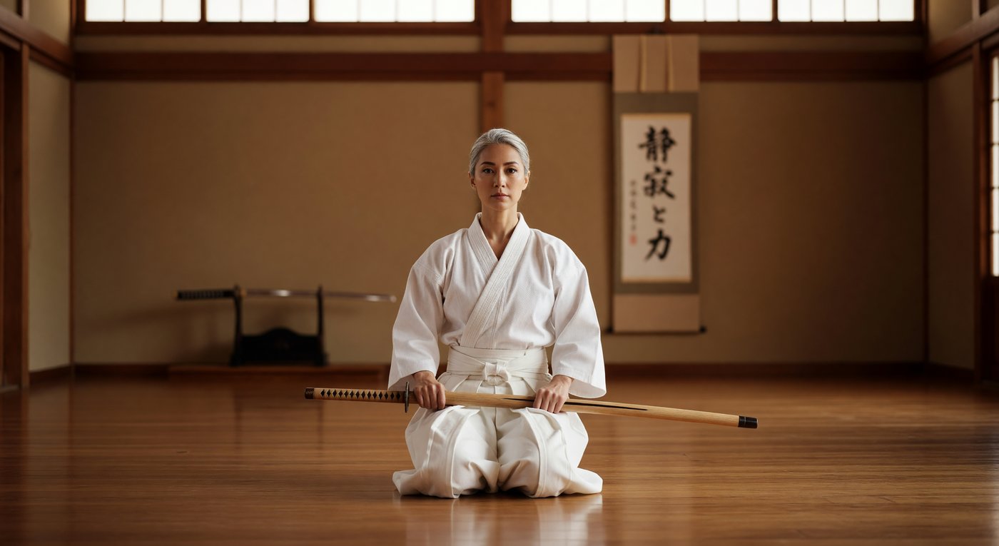 A woman in a Japanese dojo with a wooden sword