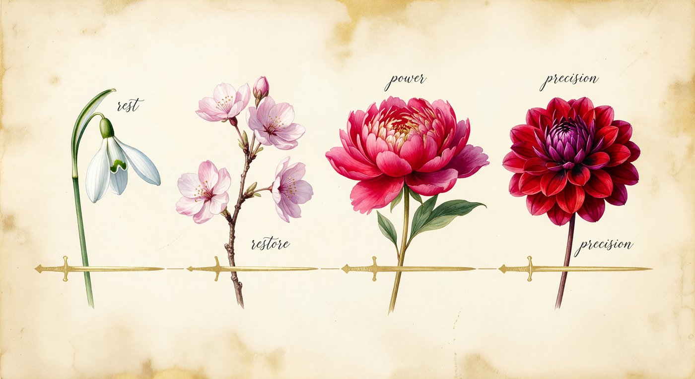 Four flowers representing the four cycle phases — snowdrop, cherry blossom, peony, dahlia
